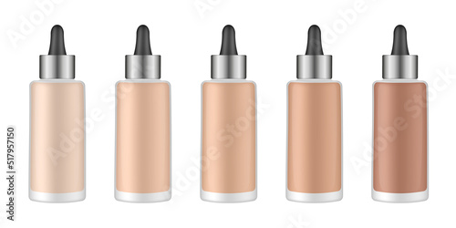 Set of foundation bottles with pipette. Dropper. Glass container. Beige liquid. BB cream. Vector mockup