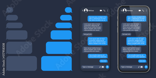 Realistic smartphone with messaging app. SMS text frame. Conversation chat screen with blue message bubbles and placeholder text. Social media application. Vector illustration.