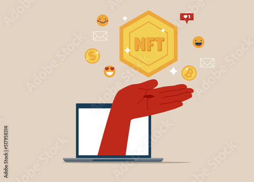 NFT token - hand holding non fungible token. Different currency icons and emoji icons.