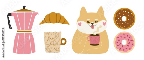Vector illustration with geyser coffee maker, coffee cup with doodle print, donuts, croissant, shiba inu drinking tea, coffee or hot chocolate from pink mug. Morning breakfsast set, cafe menu design