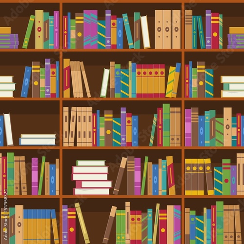 Books on shelves seamless pattern. Bookcase or bookshelves library or bookstore background. Education and knowledge, studying and learning. Vector illustration