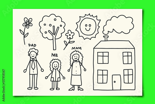 Child Drawing Mother, Father and Child Illustration