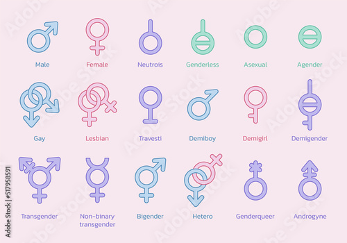 Gender symbol collection. Sexual orientation signs. Male, female, gay, lesbian, transgender and more. Vector illustration.