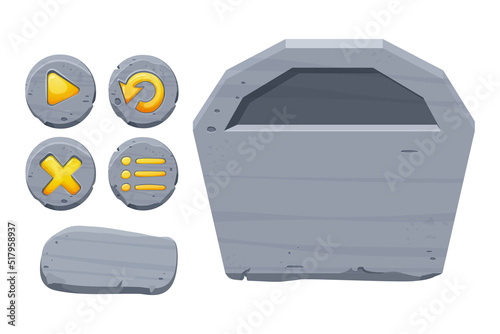 Stone buttons collection, set of rock assets in cartoon style isolated on white background. Mineral detailed objects ui game interface, app pannel.