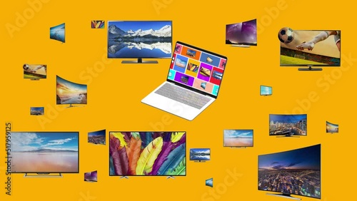 Multiproducts in laptop  4k 60 fps animation. Use for e-commerce, shopping and digital ads campaings. 
E-commerce products that revolve around the laptop. Tv, monitor, display, led, lcd, ips, Qled