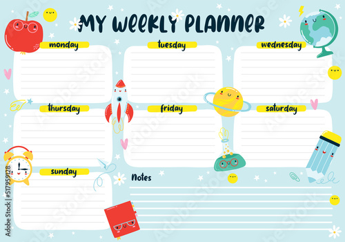 Back to school cute kawaii weekly or daily planner, note paper, to do list, stickers templates decorated by cute kids