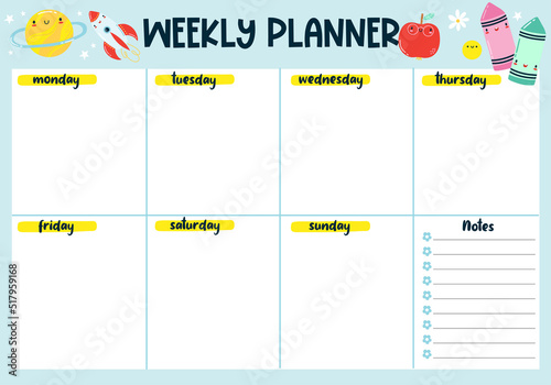 Back to school cute kawaii weekly or daily planner, note paper, to do list, stickers templates decorated by cute kids