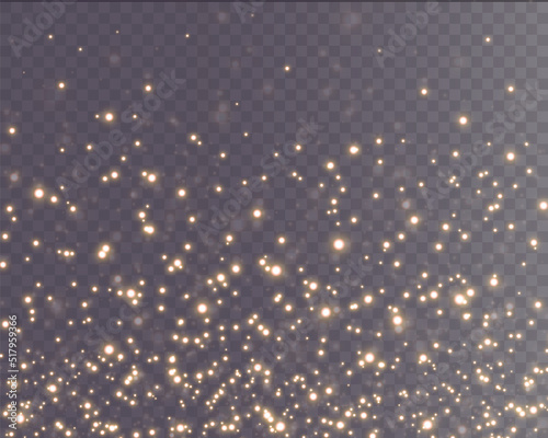 Christmas falling golden lights. Magic abstract gold dust and glare. Festive Christmas background. Light dust png. 