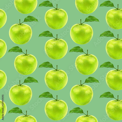 Illustration realism seamless pattern fruit apple green color on green background. High quality illustration