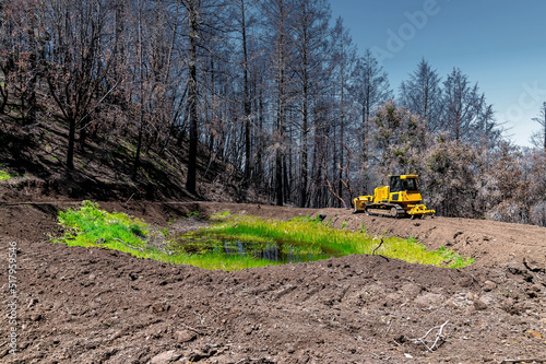 A bulldozer clears the area in the forest around the reservoir. photo