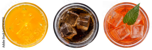 Set of refreshing soft drinks and cocktails with ice in glasses, top view on a white background
