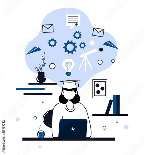 Modern technologies. The girl is sitting and doing. Studies. Vector stock illustration. Digital. Webinar.Online learning. Academician