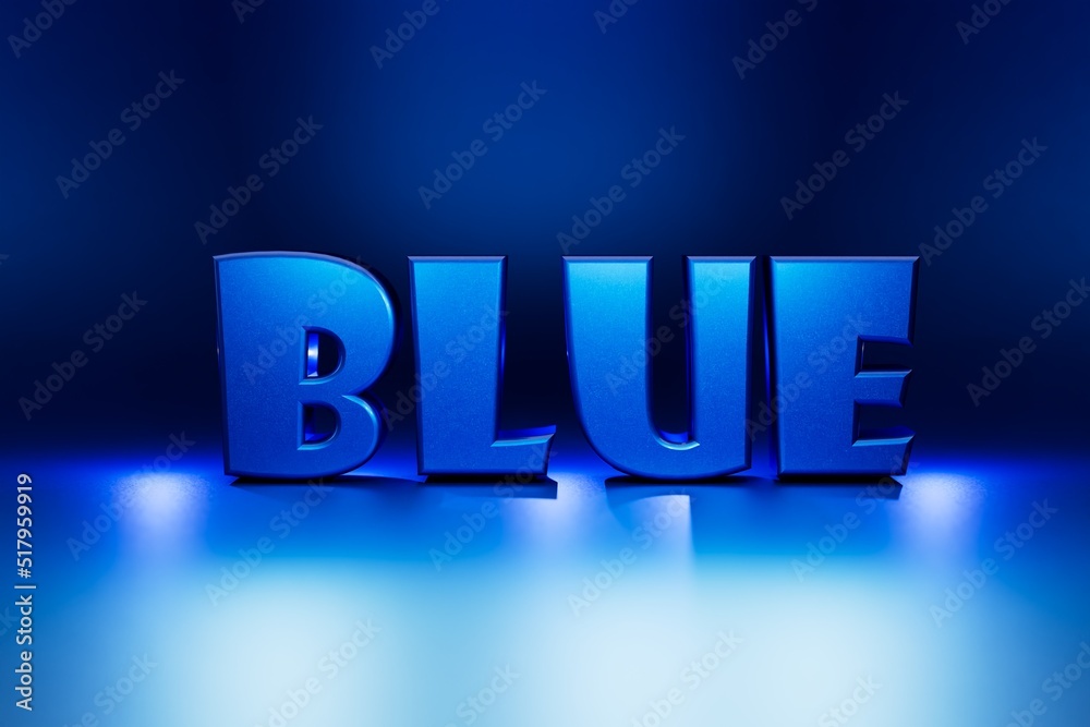 abstract background. the word blue consisting of large volumetric letters on a blue glossy background illuminated with neon light. 3d illustration. 3d render abstract background. the word blue consisting of large volumetric letters on a blue glossy background illuminated with neon light. 3d illustration. 3d render