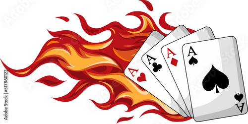 Playing cards arranged in a fan shape. 4 aces.