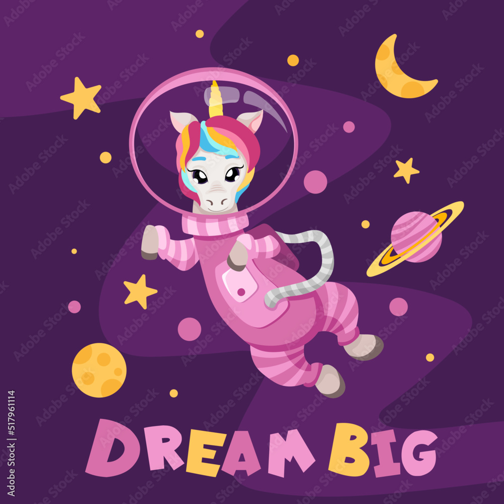 Cute unicorn astronaut in pink suit flying in open space. Character exploring universe with planets, stars for greeting card or invitation with slogan. Cartoon vector flat illustration.
