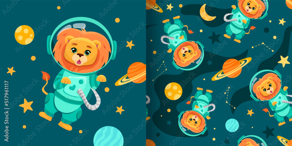 Seamless pattern with Baby Lion astronaut in the open space on dark background for children wallpaper, textile print or for baby shower design. Vector cartoon illustration Seamless pattern with Baby Lion astronaut in the open space on dark background for children wallpaper, textile print or for baby shower design. Vector cartoon illustration