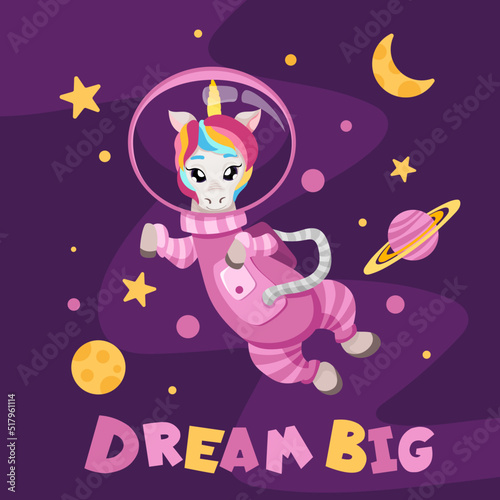 Cute unicorn astronaut in pink suit flying in open space. Character exploring universe with planets  stars for greeting card or invitation with slogan. Cartoon vector flat illustration.