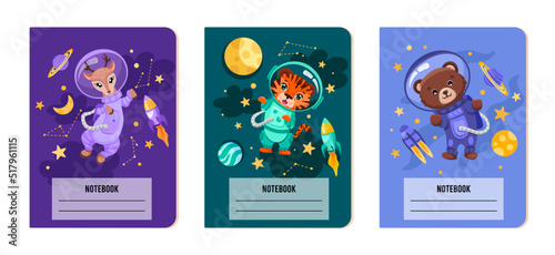 Notebook Cover templates with Animals astronauts in space suits in galaxy with stars and planets. Printable background for school stationery, kids diaries and albums. Vector cartoon illustration © Foxelle