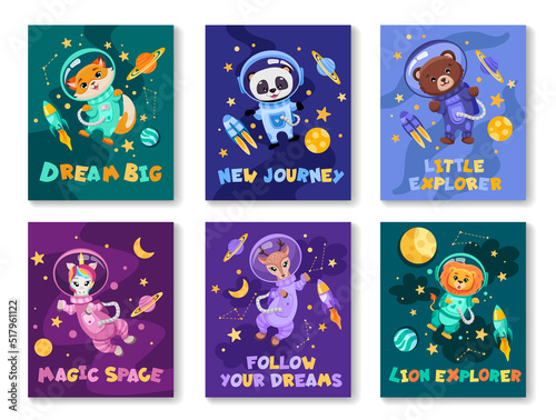 Set of cards with different sign slogans and cute animals astronauts in space suits. Hand drawn vector illustration for children print design, nursery invitation, notebook cover or greeting cards. © Foxelle