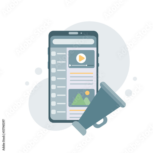 Social media news and tips on the screen checking social media and news feeds. Vector illustration. photo