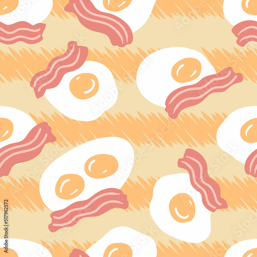 Roasted bacon slices and fried eggs on striped background seamless pattern. Simple design for tee, fabric, stationery. Hand drawn vector illustration for decor and design.