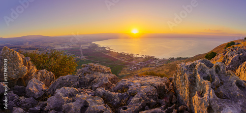 Sunrise panorama of the Sea of Galilee, from Mount Arbel
