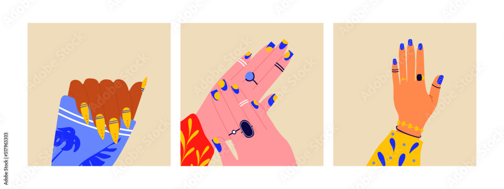 Female hand with manicured nails. Abstract woman fingers with bright manicure, rings and jewelry. Vector illustration