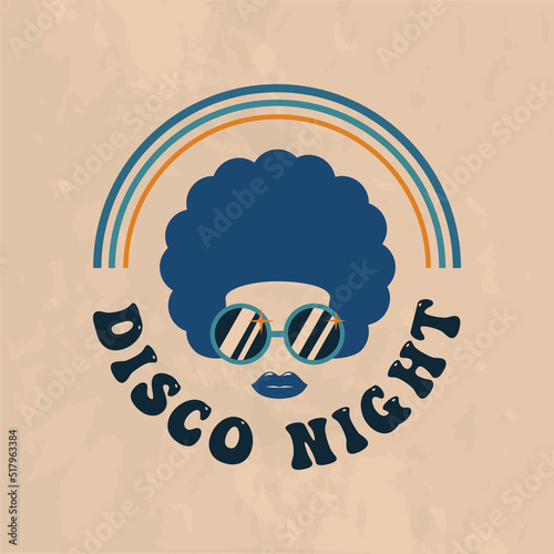 Retro Disco. Groovy Retro disco logo. Trendy hipster design. Vintage 70s Disco logo with woman in sunglasses. Vector Print for T-shirt, typography.