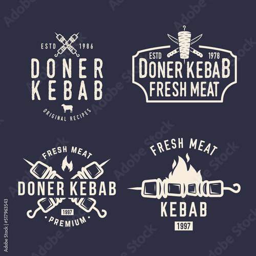 Doner Kebab vintage logo set. Kebab, Shawarma logo with skewer and fire isolated on black background. Vector illustration