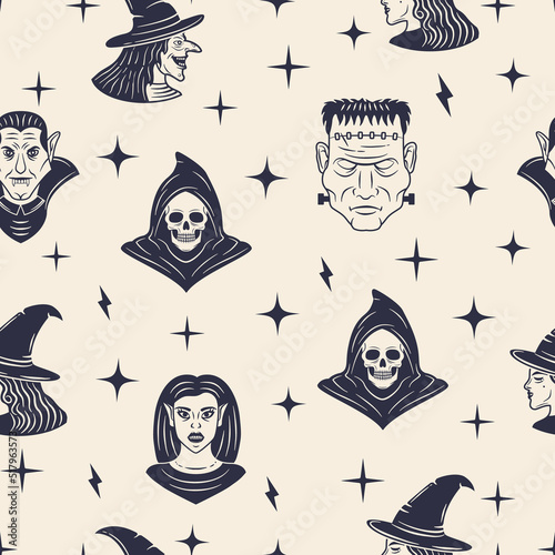 Halloween Background. Halloween seamless pattern. Vintage monsters heads isolated on white background. Vector illustration