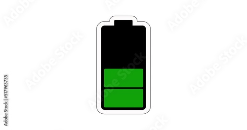 Technology Graphic Animation of Floating Battery on the digital grid are being fully charged on white background. Alkaline battery charging charge indicator icon, level battery energy. 4k. 60 fps