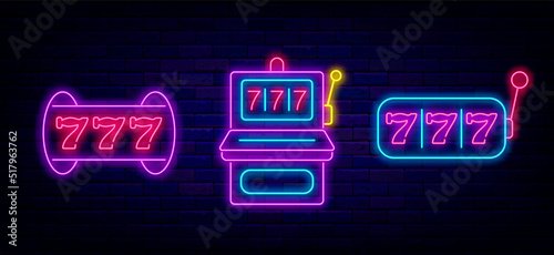 Slot machine neon icon collection. Jackpot sign with seven. Casino label. Bright logo set. Vector stock illustration