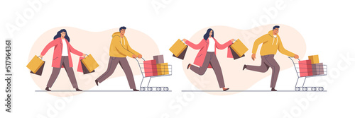 People with trolleys full of purchases and gifts. Mans and womans with packages. Buyers have fun doing shopping. Black Friday, seasonal sale, discount coupon. Vector illustration.
