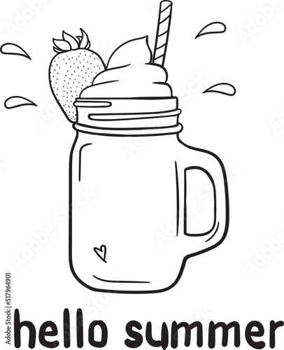 Line drawing frape in a jar with cream and strawberry photo