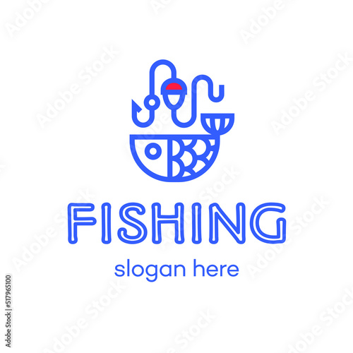 Fishing logo consisting of fish and hook line style isolated on background for camping emblem, sticker, tourist symbol, travel badge, label, climbing, poster, banner, t-shirt. Vector Illustration 10