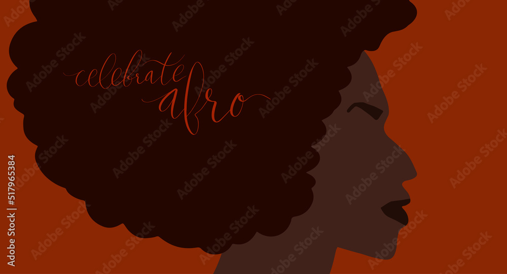 African american woman side view portrait. Celebrate afro handwritten lettering vector
