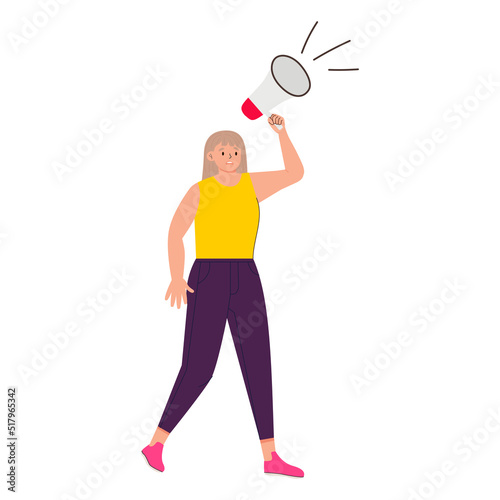 Activist shouts into a megaphone. A young woman with her hand raised holds a megaphone during a protest. Vector illustration of a cartoon character in a flat style. ©  Space Genius