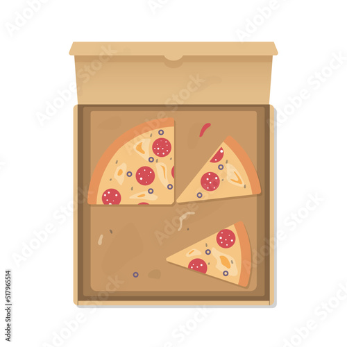 Opened pizza cardboard box with realistic pizza slices. Pizza leftovers after eating. Slices pizza with salami, mushrooms and olives with cheese. Vector pizza box with spots and food leftovers.