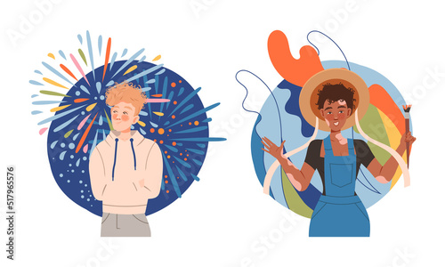 Man and Woman with Positive and Creative Type of Thinking or Mindset Vector Set