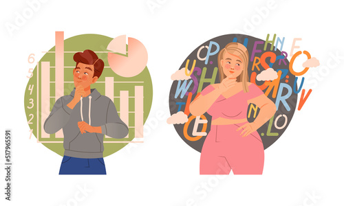 Man and Woman with Visual and Analytical Type of Thinking or Mindset Vector Set
