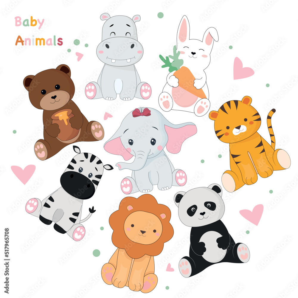 Baby animals cartoon set. Vector bear, hippo, lion, tiger, zebra, panda, elephant, rabbit, bear
