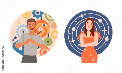 Man and Woman with Abstract and Technical Type of Thinking or Mindset Vector Set