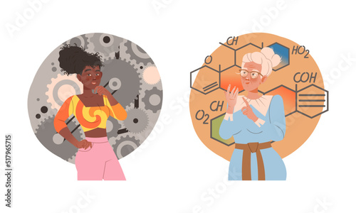 Woman with Concrete and Technical Type of Thinking or Mindset Vector Set