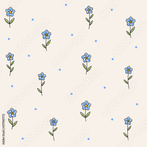 Simple seamless stylized floral pattern. Flat design print with forget me not. Contour vector illustration with blue flower.
