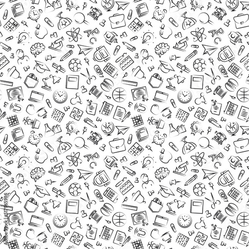 Education and school pattern with hand drawn line icons school supplies on checkered background. Vector Illustration