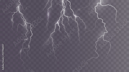 Light white isolated vector lightning png. Magic light abstract lines. Realistic natural lightning effects.