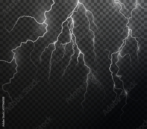 Light white isolated vector lightning png. Magic light abstract lines. Realistic natural lightning effects.