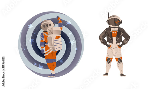 Spaceman or Astronaut Man Character in Space Suit on the Moon Wearing Leather Biker Jacket and Waving Hand Vector Set