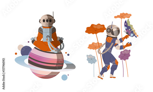 Spaceman or Astronaut Man Character in Space Suit on the Moon Watching Flora and Meditating Sitting in Lotus Pose Vector Set