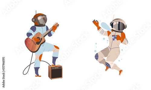 Spaceman or Astronaut Man Character in Space Suit Splashing Tea from Mug and Playing Electric Guitar Vector Set